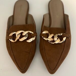 Madden Girl Tan Mules with Gold Chain